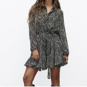 Zara Black and White Dotted Long-Sleeve Mini Dress